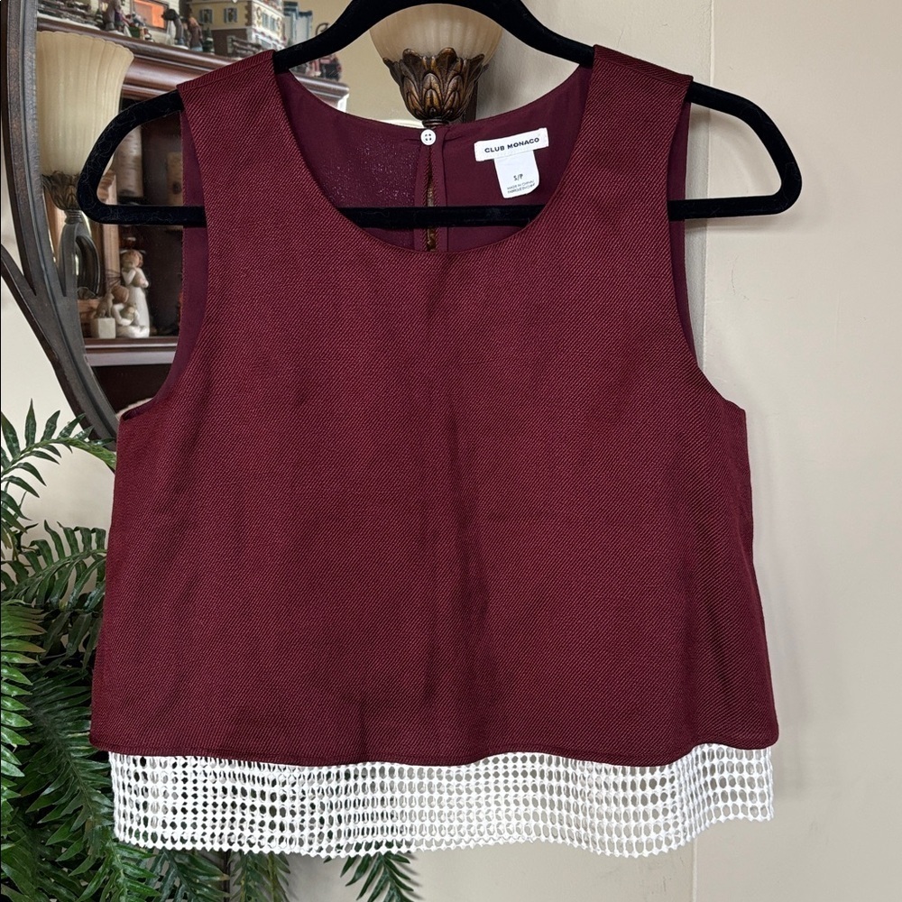 Club Monaco Burgundy Linen Blend Sleeveless Crop Top w/ White Mesh Lace Underlay - Picture 15 of 15